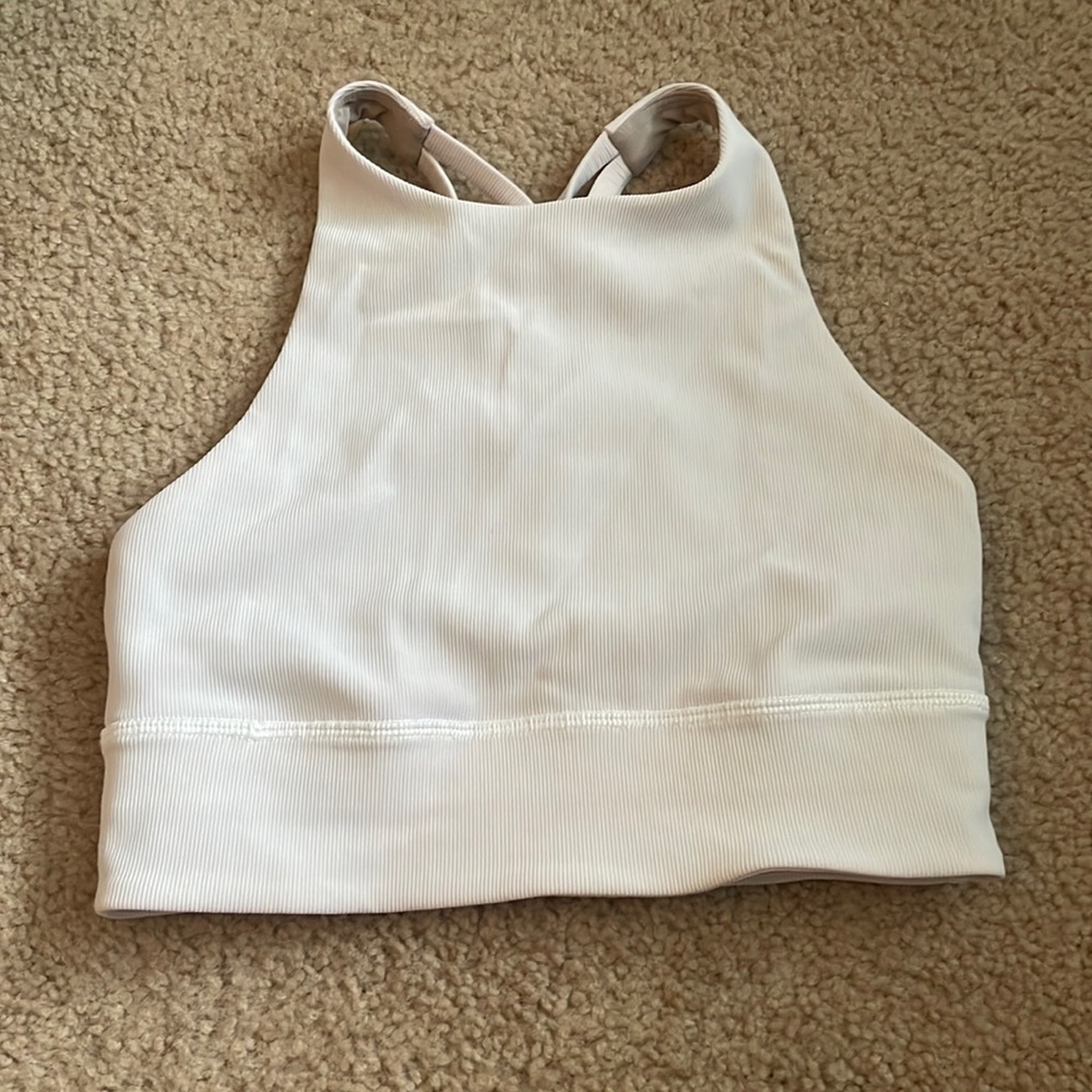 White Ribbed High Neck Energy Longline Bra Size 4